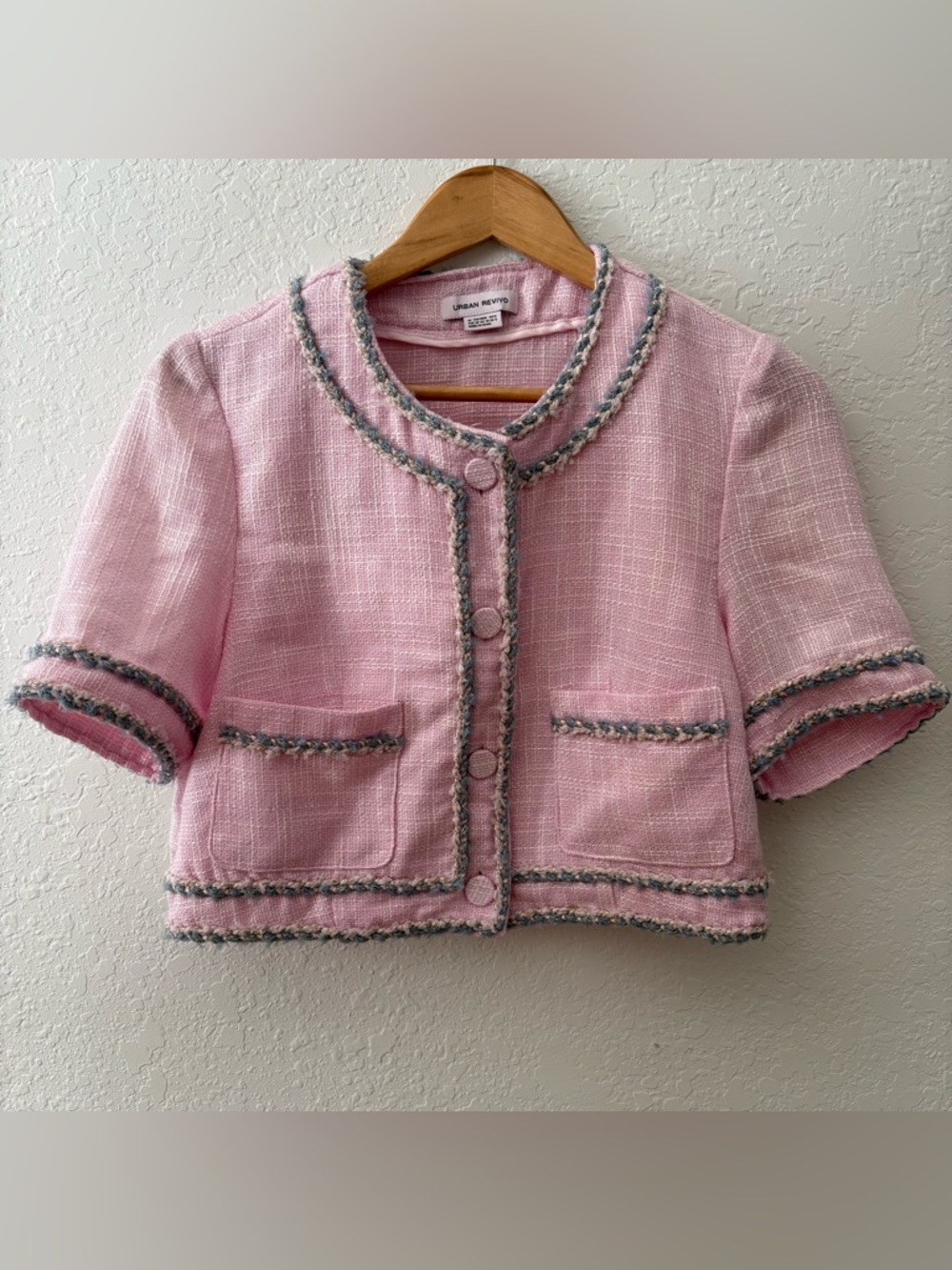 Urban Revivo Tweed Short Sleeve Crop Jacket Top Pink Grey Trim Button Front